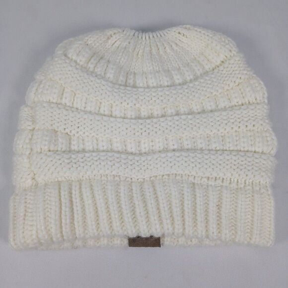 CC Womens OS Ponytail Messy Bun Beanie Ivory Knit Winter Hat Stretch Acrylic - Picture 3 of 6